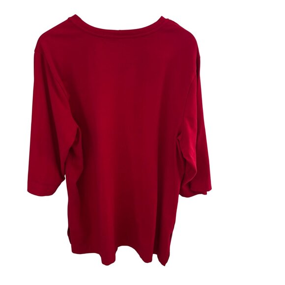 Denim & Co Red Cotton Crew Neck Pullover Tunic Top Sz XL Tab Roll Elbow Sleeves - Picture 2 of 7